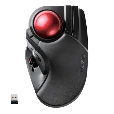 Image of ELECOM HUGE Trackball Mouse, 2.4GHz Wireless, Finger Control, 8 Button Function, Palm Rest Attached, 52mm Smooth Red Ball, Windows11, MacOS (M HT1DRBK)