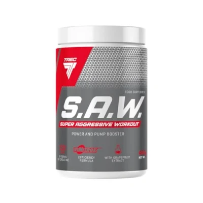 Image of TREC Nutrition S.A.W Pump Supplement 400g Powder Amino Acid Arginine Citrulline Beta Alanine Taurine Extracts of Grapes Caffeine Creatine (400g, Blackcurrant Lemon)