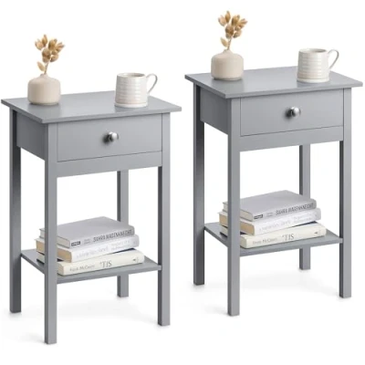 Image of CHRISTOW Pair of Grey Bedside Table With Shelf &amp; Drawer Bedroom Nightstand 60cm x 40cm 30cm