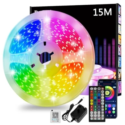 Image of Led Strip Light 15m, Cuttable RGB Lights with Smart App Control Remote, Music Sync Colour Changing for Bedroom, Gaming Room, Kitchen, Home Decoration