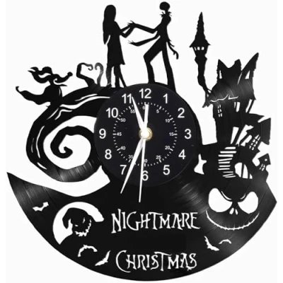 Image of MENAUX Nightmare Christmas Clock Gifts, Jack and Sally LED Vinyl Wall Clock, 12 inch Quartz Handmade Halloween,Christmas Anniversaries, Birthdays Decorations Lights, Without light