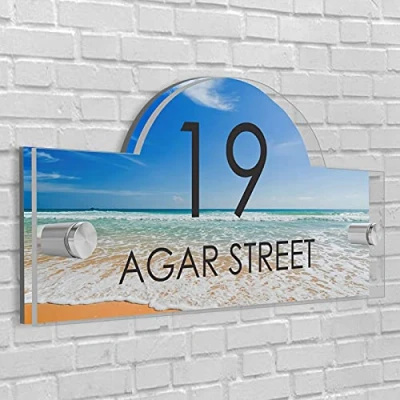 Image of Personalised House Number Plaque in Oriental shape Glass Effect Acrylic Sign Door Plate Wall Display Premium Quality 2 Part Choose Your Own Design &amp; Font (Beach Theme)