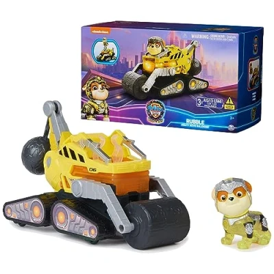Image of Paw Patrol: The Mighty Movie, Construction Toy Truck with Rubble Pups Action Figure, Lights and Sounds, Kids Toys for Boys &amp; Girls 3+
