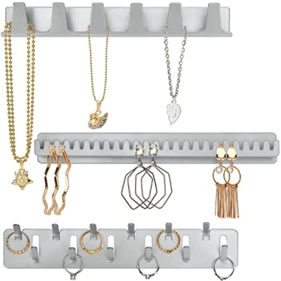 Image of BELLE VOUS 3 Pack of Metal Necklace Jewellery Holders Set Self Adhesive Wall Mounted Hooks &amp; Pegs Hanging Display Organiser Necklaces, Ring, Bracelets Earrings Storage Holder
