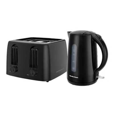 Image of Hamilton Beach Kettle and Toaster Set, Essentials, Electric Kettle, 4 Slice, Boil Dry Protection, Fast Boil, Space Saving, 6 Browning Levels, Defrost, Reheat &amp; Cancel, Black HB13015032BST
