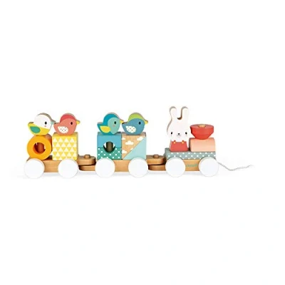 Image of Janod Pure Wooden Train 2 in 1 Pull Along Toy Motor Skills Training and Manipulation Water based Paint From Year Old, J05157