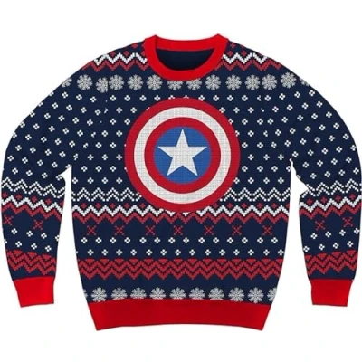 Image of Captain America Marvel Comics Holiday Christmas Sweater Licensed, Blue, XXL