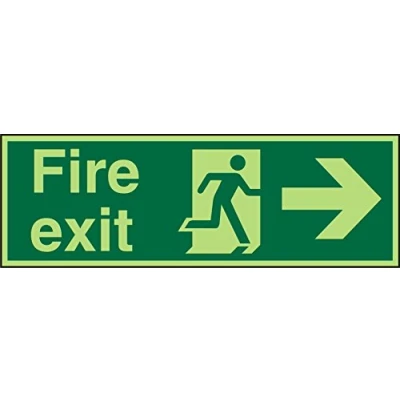 Image of Seco Fire Exit Exit, Man Running Right, Arrow Pointing Right Sign, 300mm x 100mm Photoluminescent 2mm Acrylic
