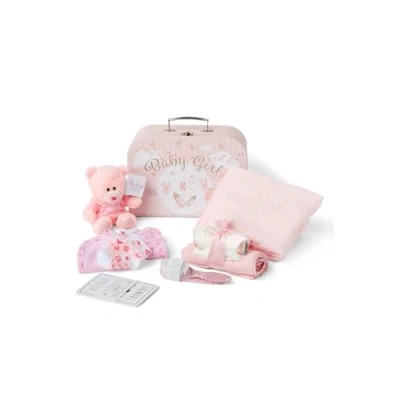 Image of Personalised Baby Girl Gifts Shower Pink Hamper with Essentials Newborn, Fleece Blanket Wrap, Teddy Bear, Newborn &amp;