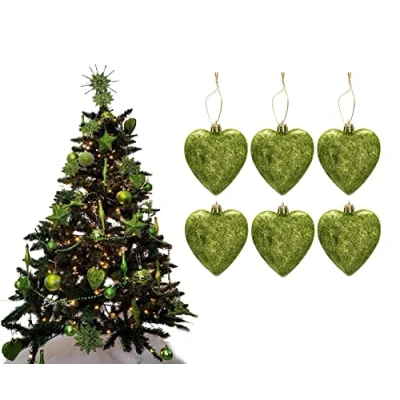 Image of Simply Products 6 Heart Baubles Great Christmas Tree Decorations, Glitter (Lime Glitter)