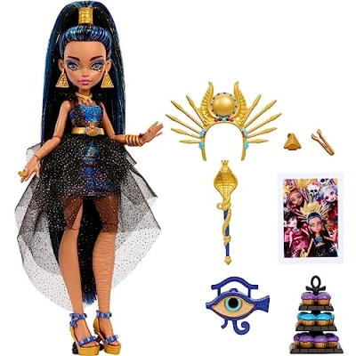Image of Monster High Ball Doll, Cleo De Nile in Party Dress with Themed Accessories Including Scepter &amp; Cupcakes