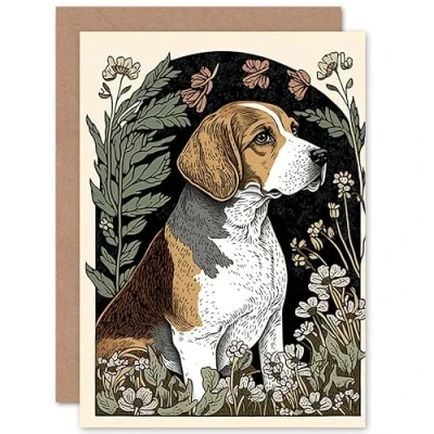 Image of Artery8 Beagle Dog with Daisies Modern Stylised Illustration Art Birthday Sealed Greeting Card Plus Envelope Blank inside