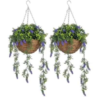 Image of HOMCOM Set of 2 Decorative Artificial Plants, Faux Silk Lavender Flowers in Hanging Baskets, Fake Plants for Home Indoor Outdoor Decor, Purple