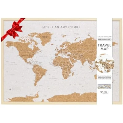 Image of Splosh Travel Map Large World Pin Board in White, Wooden Frame. Cork with 100 Pins 2 Colours to Mark Your Past and Future Adventures. Framed Maps for Wall.