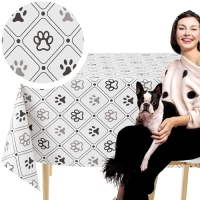 Image of KP HOME Wipe Clean Tablecloth Rectangular 78.7&quot;x 53.9&quot; (200x137cm) Plastic Table Cloth Clean, Rectangle Outdoor PVC Oil Cover Waterproof Wipeable Vinyl Paw Parade Design
