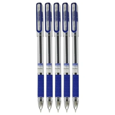 Image of PINPOINT Ballpoint Pens, BLUE, Fine Point (0.6mm), Pack of 5, Elasto Grip, Ball Perfect for School Office Home Use, iZOFAX Black Pen