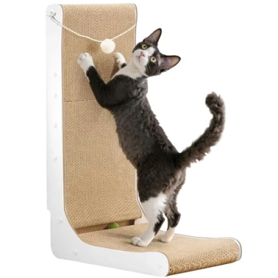 Image of Gimars L Shape 68cm Cat Scratcher, Scratching Board with Plush &amp; Catnip Balls, Large Size Cardboard Scratcher Wall Mounted, Toys for Protecting Furniture