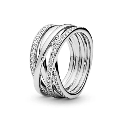 Image of Pandora Timeless Silver Sparkling &amp; Polished Lines ring with cubic zirconia, 58