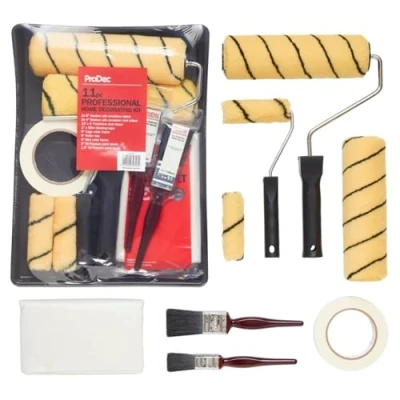 Image of ProDec 11 pc Professional Home Decorating Kit, Paint Rollers &amp; Tray Set with Brushes, Dust Sheet, Masking Tape Roller Sets for Painting Walls Ceilings Emulsion, Mini Emulsion