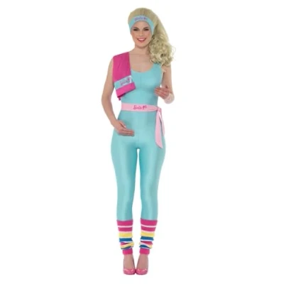 Image of Smiffys Barbie Costume Workout Blue, Adult, with Jumpsuit, Belt, Headband, Towel, Wig, &amp; Legwarmers, Officially Licensed Costume, 80&#039;s Outfit, Perfect for Icon Themed Parties
