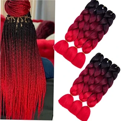 Image of red Braiding Hair 6 Packs Kanekalon Synthetic Extensions 24 inches Jumbo Braids for Twist Crochet 100g (Black/Burgundy/Red) ﻿