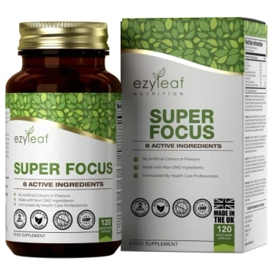 Image of Ezyleaf Super Focus L Tyrosine High Strength 750mg, Ginkgo Biloba, Taurine, Vitamin B12 Methylcobalamin 120 Vegan Capsules Supplement Coenzyme Q10, Phenylalanine Caffeine Free, Allergen Free