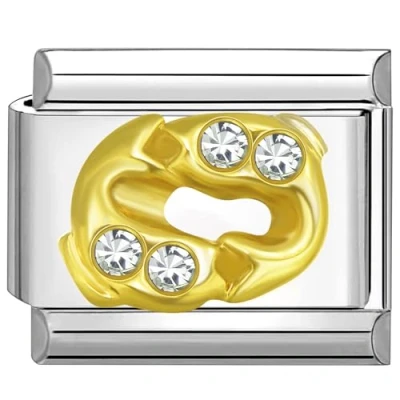 Image of Quiges 9mm Italian Style Charm Link Module Stainless Steel Zirconia Gold Horoscope Pisces for Bracelets