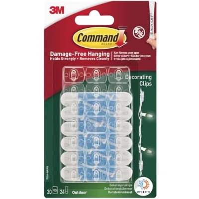 Image of Command Outdoor Decorating Clips with Water Resistant Strips 20 Mini and 24 Small Adhesive Strips, Transparent Hanging for Decorations Fairy Lights Damage Free