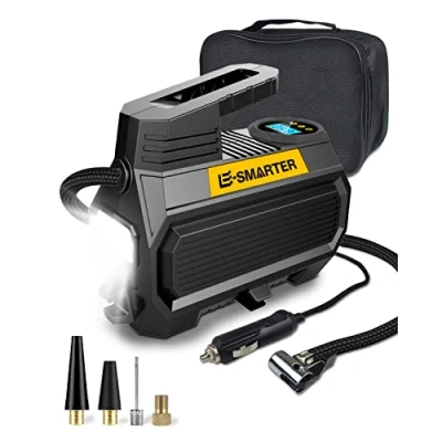 Image of E SMARTER Car Tyre Inflator Air Compressor, 12V/ 120W/ 150 PSI/ 10.5 Bar, Pump with Handle, 4 Valve Adaptors, LED Light, 2xFaster Pumps for Tyres of Car, Bike, Motorcycle, Ball, Mattress