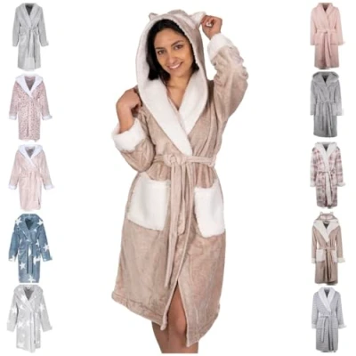Image of Light &amp; Shade Ladies Supersoft Fleece Dressing Gown Robe, Brown, S/M