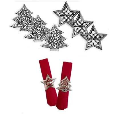 Image of Napkin Rings Set of 6 Silver Christmas Tree Star Lunch Party Tableware Decorations Holder