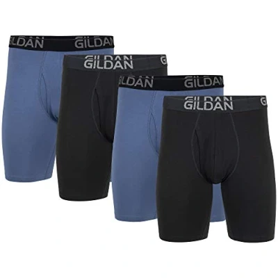 Image of Gildan Men&#039;s Cotton Stretch Boxer Brief, Multipack, Black Soot/Slate Blue (4 Pack, Long Leg), M (Pack of 4)