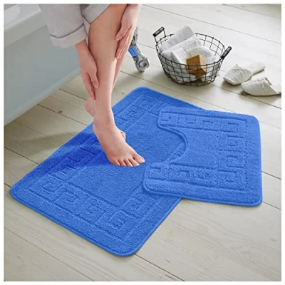 Image of GC GAVENO CAVAILIA Bath Mat Set 2 Piece Non Slip Bathroom Rug Toilet With Pedestal Machine Washable Floor Blue