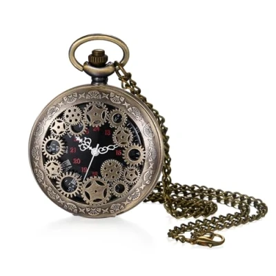 Image of JewelryWe Quartz Skeleton Pocket Watch: Unisex Bronze Analog Hallow Out Embossed Gear Decor Men Women Arabic Numerals Dial Fob Hunter Watch with Sweater Chain