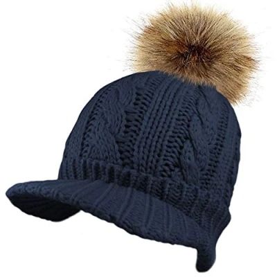 Image of TOSKATOK Ladies Womens Cable Knit Peaked Beanie Cap Hat with Warm Fleece Lining and Detachable Faux FUT Pom Navy
