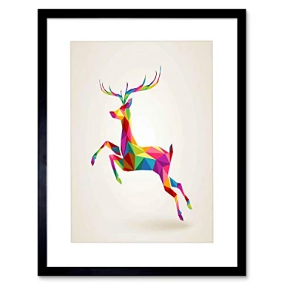 Image of Wee Blue Coo Painting Illustration Running Leaping Deer Polygon Picture Framed Wall Art Print