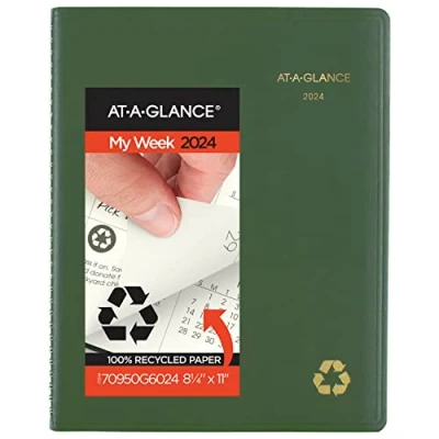 Image of AT A GLANCE 2024 Weekly &amp; Monthly Planner, Quarter Hourly Appointment Book, 8 1/4&quot; x 11&quot;, Large, Recycled, Tabs, Green (70950G6024)