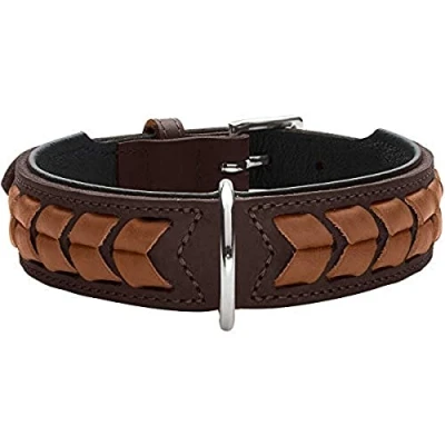 Image of HUNTER EL PASO Dog Collar Leather Supple Braided 60 (M L), Dark Brown/Black