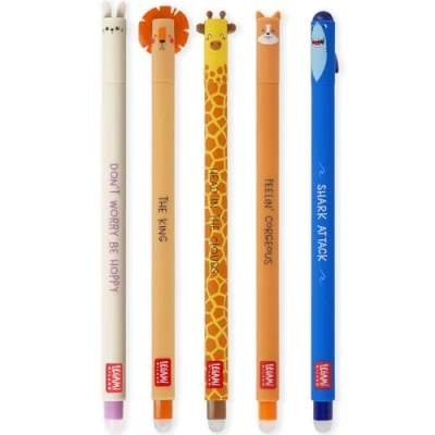 Image of LEGAMI Set of 5 Erasable Gel Pens with Thermosensitive Erase Ink, Range ink colours &amp; barrel designs, 0.7mm Tip, Bunny, Lion, Giraffe, Corgi, Shark