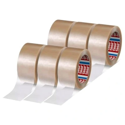 Image of tesa Pack 4124 Premium PVC of 6 Film Parcel Tape Shipping for Medium to Heavy Parcels Quiet Unrolling Transparent 66 m x 5 cm Each