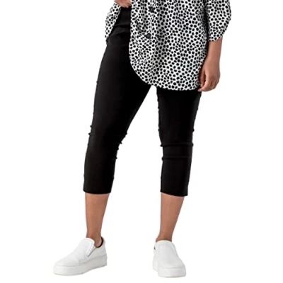 Image of Roman Originals Plus Size Cropped Trousers for Women UK Ladies Curve Capri Leggings Summer Pants Short Crop Stretch 3/4 Length Three Quarter Pedal Pusher Clothes Elasticated Black 18