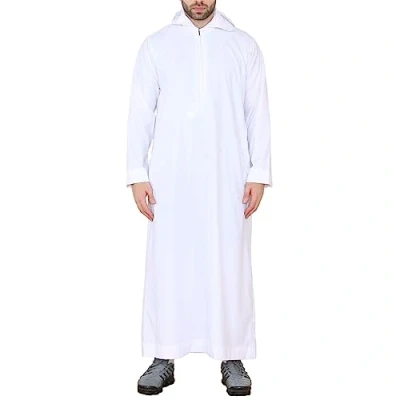 Image of Mens Hooded Thobe Hood Jubba Nehru Stand Collar Islamic Clothing Muslim Kaftan Robe Saudi Slim Regular Fit White XXL 60