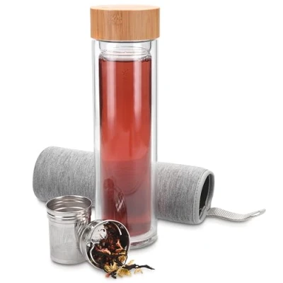 Image of Navaris Glass Water Bottle 500ml Double Wall Borosilicate Tea with Stainless Steel Infuser, Bamboo Lid, Non Slip Neoprene Sleeve (Grey)