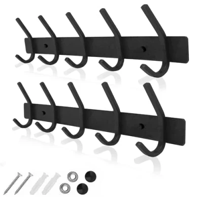 Image of GlazieVault Coat Racks for Wall Stainless Steel Hooks (2 Pack) Heavy Duty Mounted Black Hanger and Clothes
