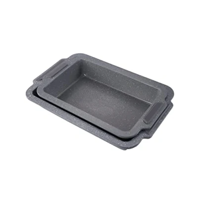 Image of Royal Cuisine Set of 2 Carbon Steel Roasting Tins Non Stick Marble Coated Roasting/Baking Oven Trays with Silicone Handles Kitchen Cooking Baking