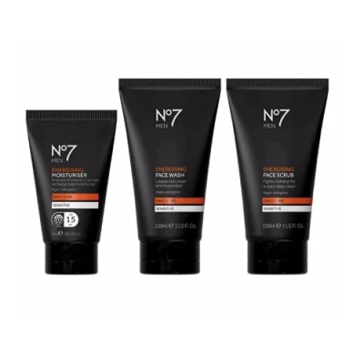 Image of No7 Men Energising Face Trio Moisturiser Wash Scrub