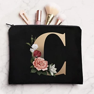 Image of 26 Letter Printed Zip Canvas Pouch Makeup Bag Make Up Bag, Cosmetic Travel Bag,Toiletry Bag,Organizer Bags,Toiletry Bags, Bride Bridesmaid Bag,Pencil Bag,Wash Bag,Coin Purse (Gold C)