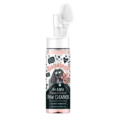 Image of BUGALUGS Dog paw cleaner No Rinse Foam Cat &amp; shampoo with Silicone Brush Head, waterless grooming products. Travel friendly for dogs defeat muddy paws on the go (Papaya Coconut)
