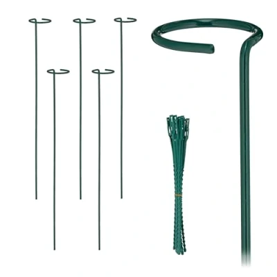 Image of Relaxdays Plant Supports, Set of 6, Metal Climbing Rods with Ring, Garden Stakes Ties, 60 cm Long, Dark Green, Steel