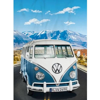 Image of BERONAGE Large VW Volkswagen T1 Adventure Blanket Blue 150 x 200 cm Bulli Cuddly Blanket, Camper Van Fleece Bedspread, Ideal for Sofa and Bed Matches Bedding